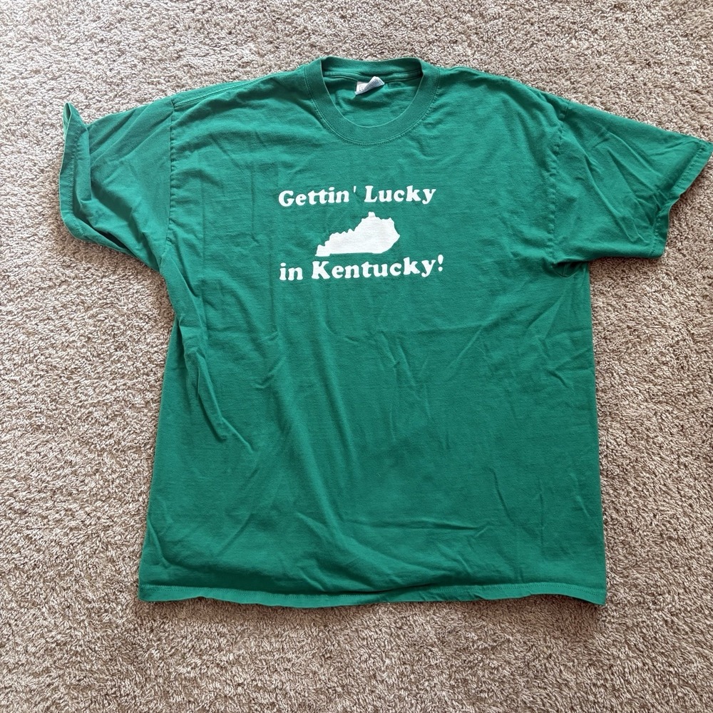 Vintage 90s Getting Lucky In Kentucky Green Logo Shirt Jack Black Men's XL
